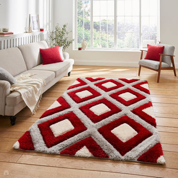 Olympia GR224 3D Geometric Plush Carved Hi-Lo Textured Soft Polyester Metallic Shimmer Shaggy Grey/Red/Cream Rug-Think Rugs-Rug Love - The Most Loved Rug Store